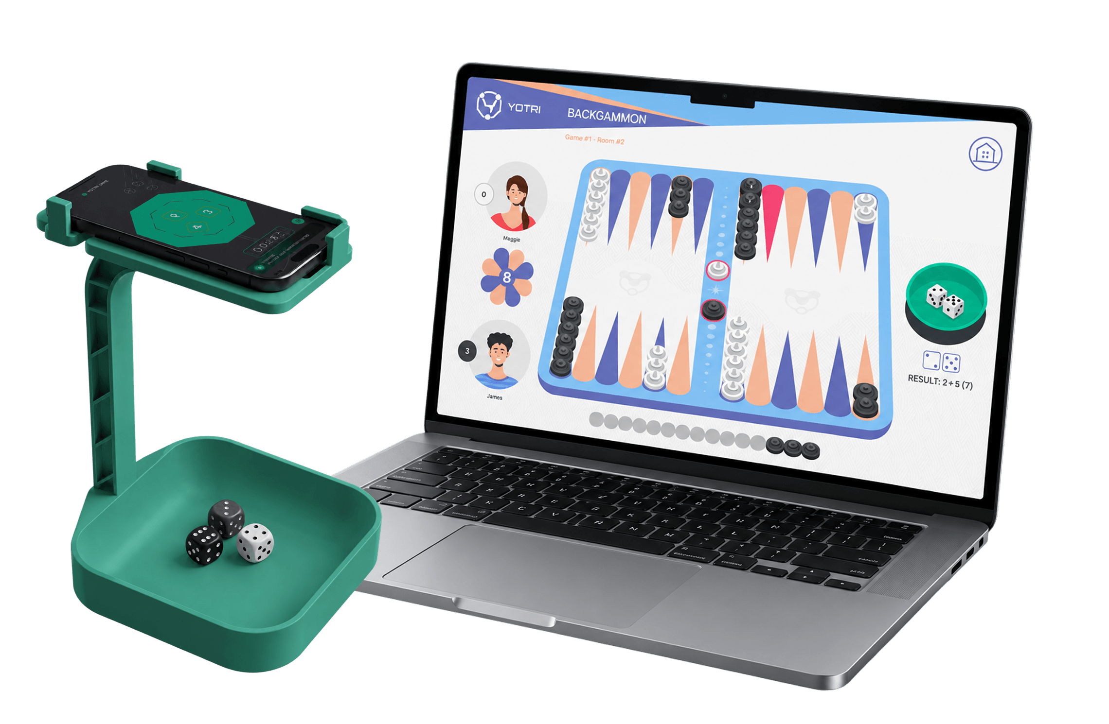 Yotri Dock next to a laptop playing a Yotri Backgammon game